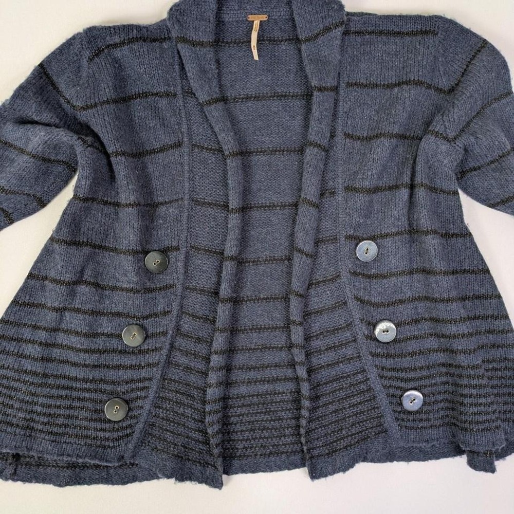 Free People Open Front Cardigan M Striped Metallic Double Breasted Button Wool